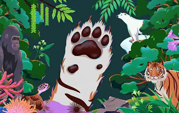 Animated tiger paw in the air with other species of plants and animals in the background