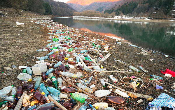 Plastic debris lines the coast of a river in Europe