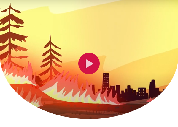 An animated still of a wildfire that has engulfed 2 tall trese in flames as well as a cityscape in the background - the image has a red video play button over it