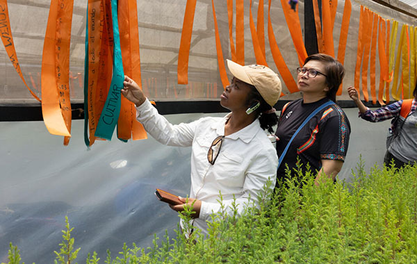 Julie Hanta Razafimanahaka and Dr. Susan Pudin observe ribbons with wishes from the children who have come to EcoLogic for environmental education programs