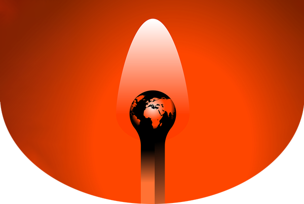 Graphic of earth on a matchstick with a flame