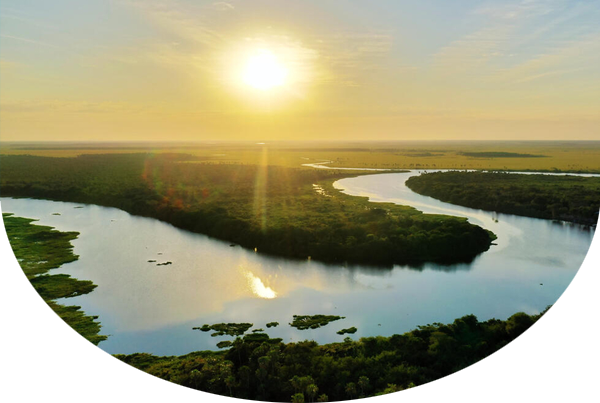 Aerial view of forest and river in Tres Gigantes, Paraguay, against a sunrise