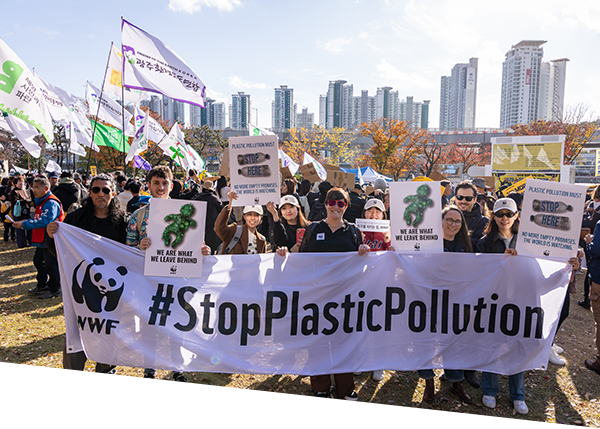 Group of WWF staff and supporters behind a banner that reads