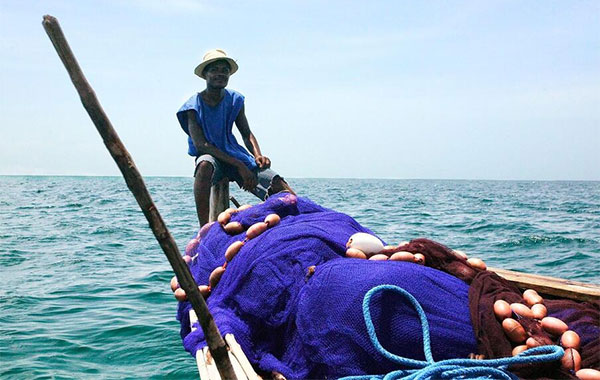 Man holding seaweed by a small boat by the ocean