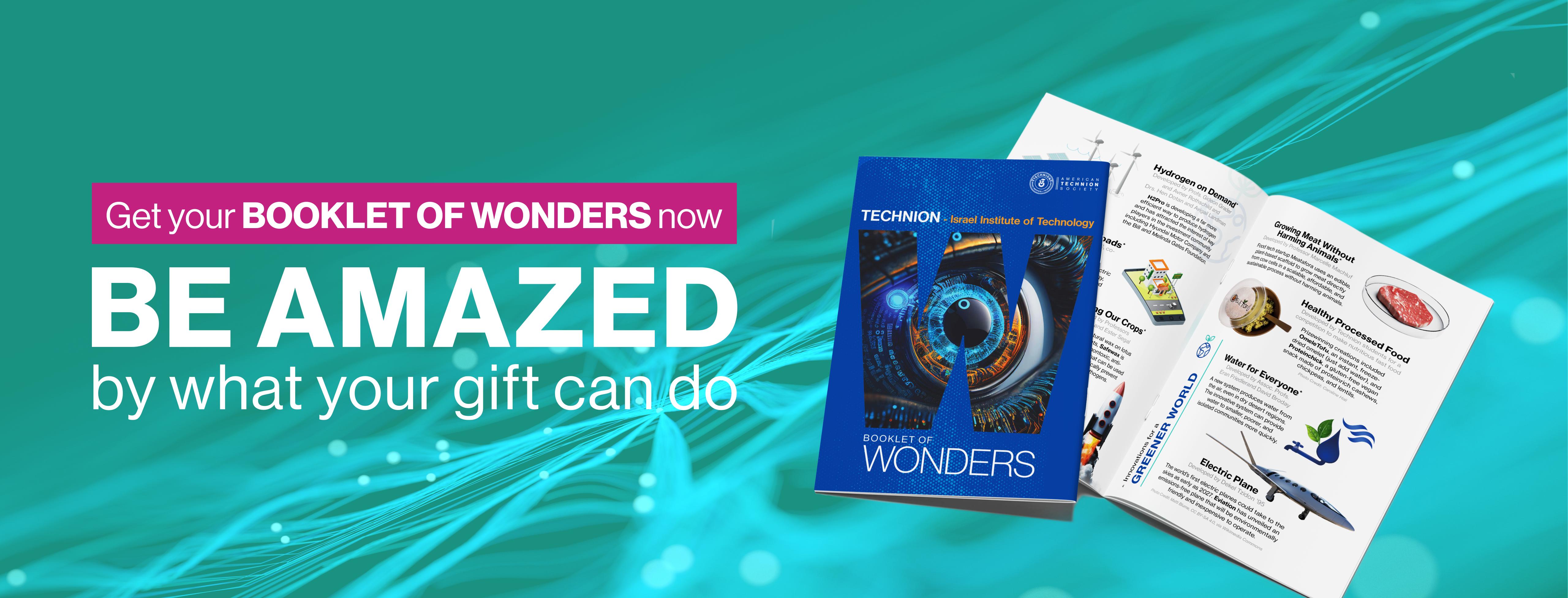 Text on the left reading "Get your Booklet of Wonders now. BE AMAZED by what you gift can do." against a blue background. On the right, the cover of the Booklet of Wonders and a snapshot of its contents is shown.