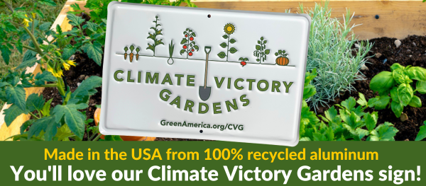 Our Climate Victory Garden sign is made from 100% recycled aluminum, in the USA.  