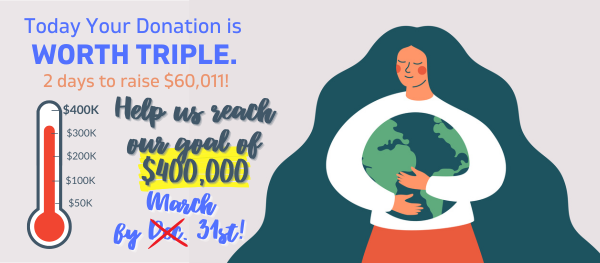 Today your doantion is worth TRIPLE. Please help us meet our goal of $400,000 by March 31st. Graphic of Lady hugging Earth.