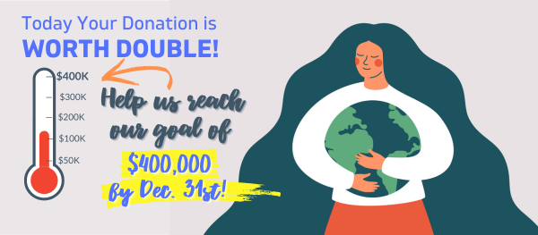 Today your doantion is worth DOUBLE. Please help us meet our goal of $400,000 by December 31st. Graphic of Lady hugging Earth.