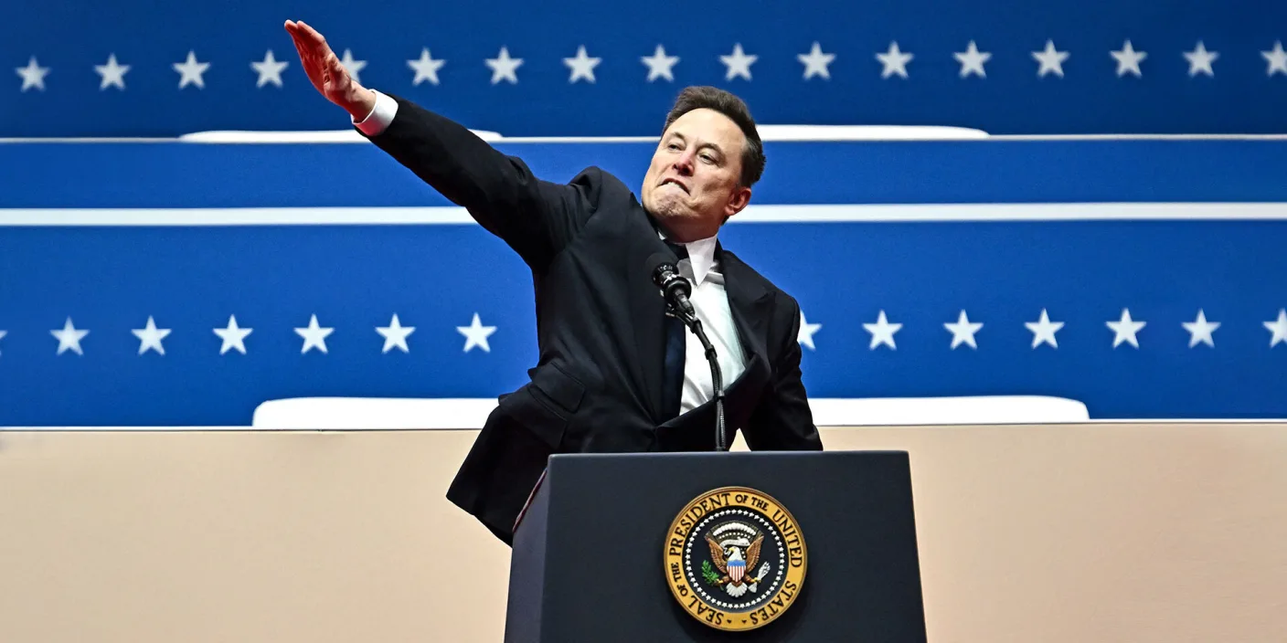 An image of Elon Musk raising his arm in a Roman salute on Inauguration Day 2025.