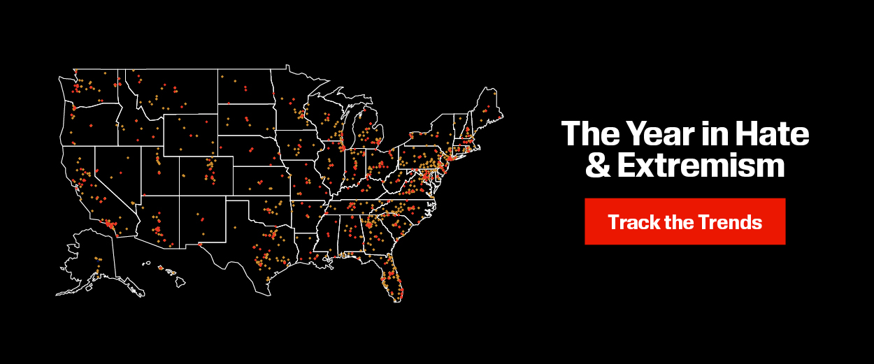 Map of the United States with markings that indicate where hate and extremist groups reside. To the right, text that reads, 