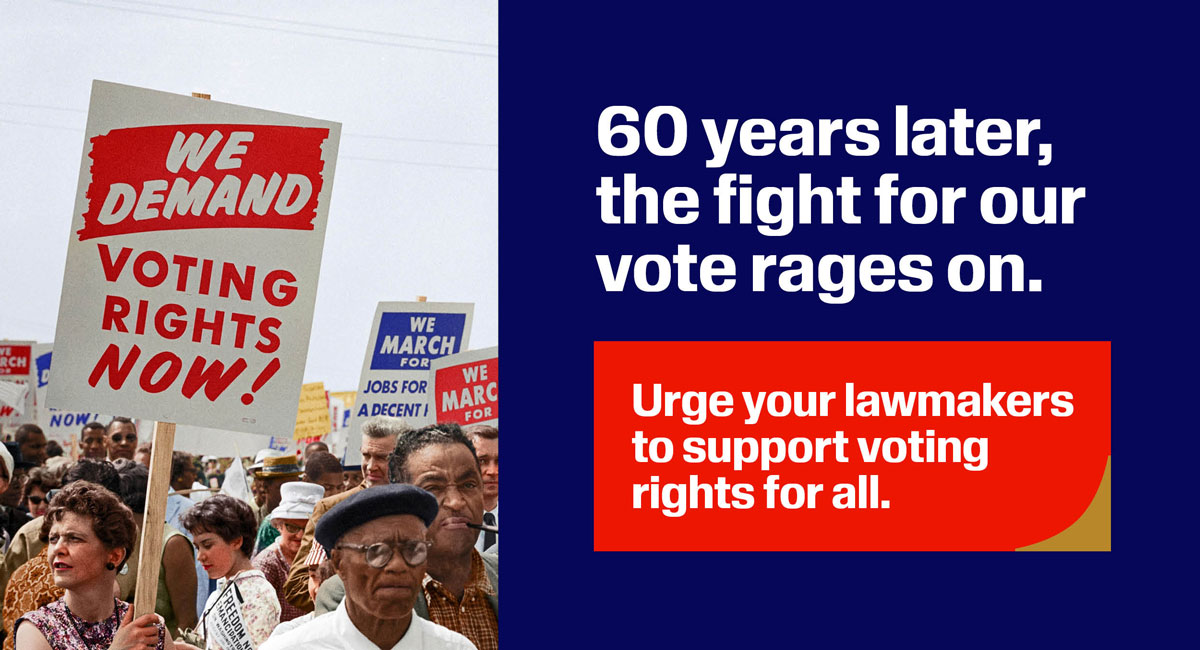 A crowd in Selma, AL to the left. To the right, bold text that reads, 