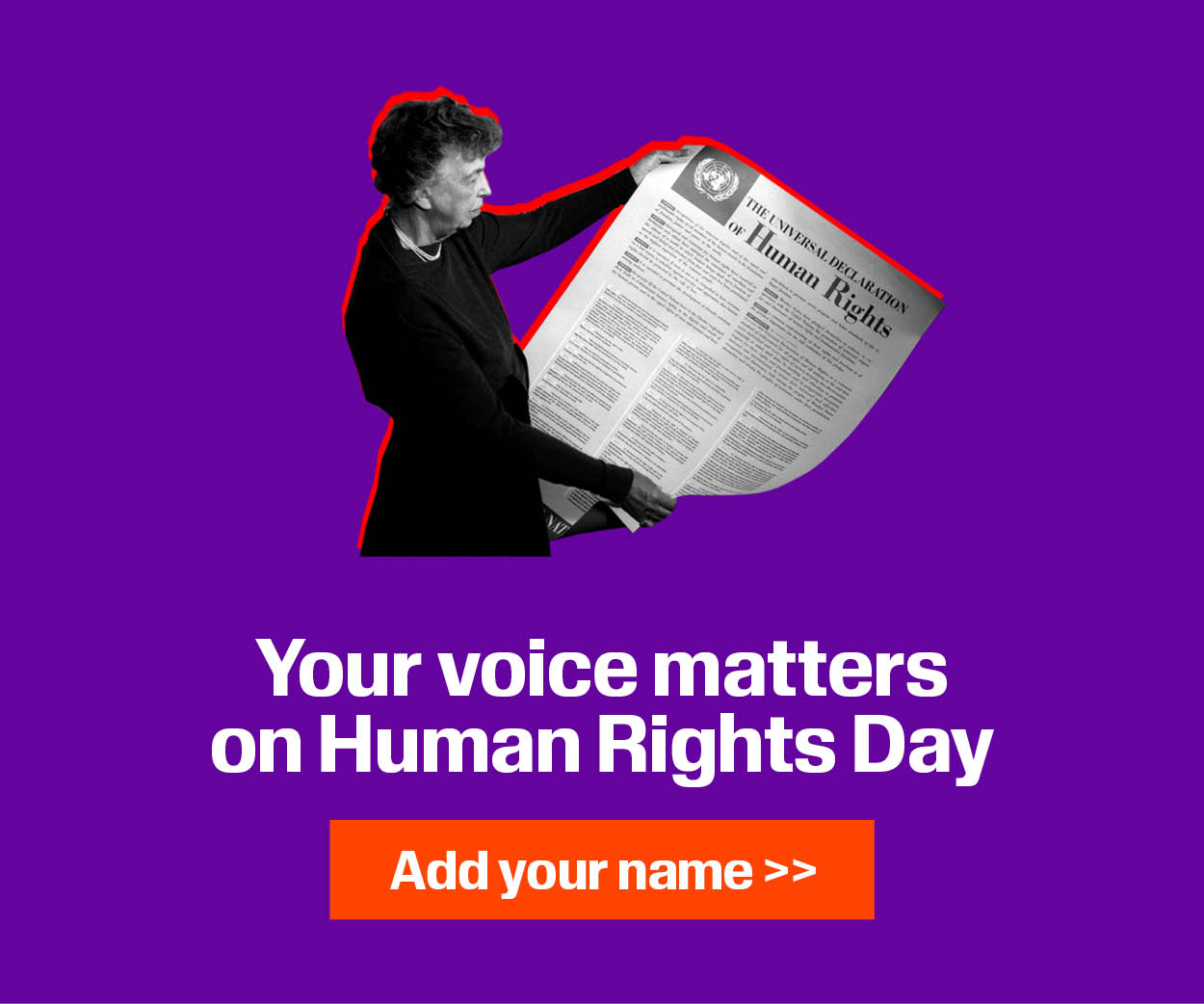 An image of person reading the United Nations Universal Declaration of Human Rights. 