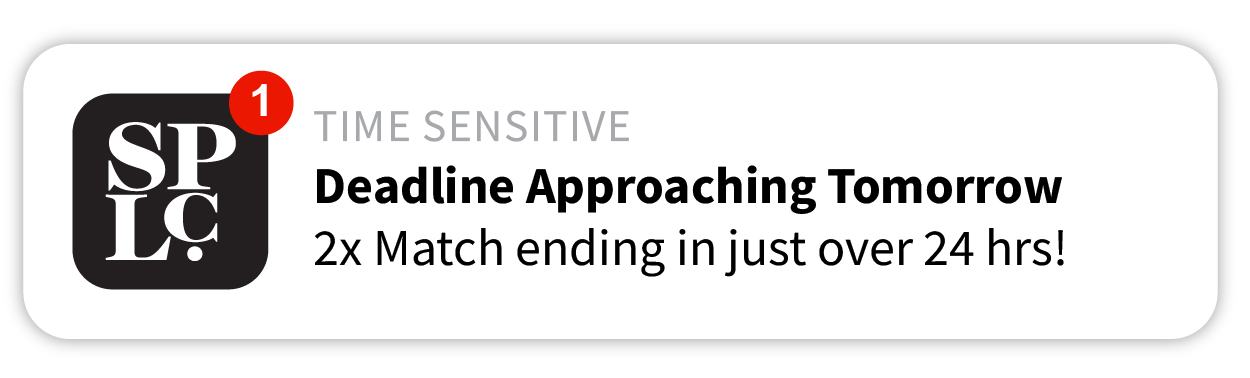 Notification banner with SPLC logo to the left. To the right, it reads, 