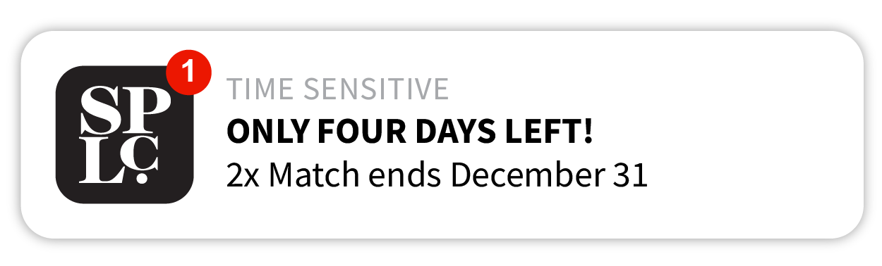 Notification banner with SPLC logo to the left. To the right, it reads, 