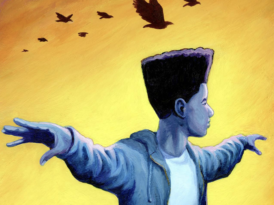 Artwork depicting a Black boy lifting his arms like a bird taking flight.