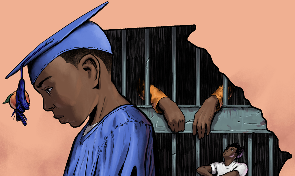 An illustration features a somber Black boy in graduation robes in the foreground, while Black youth are shown incarcerated in the background.