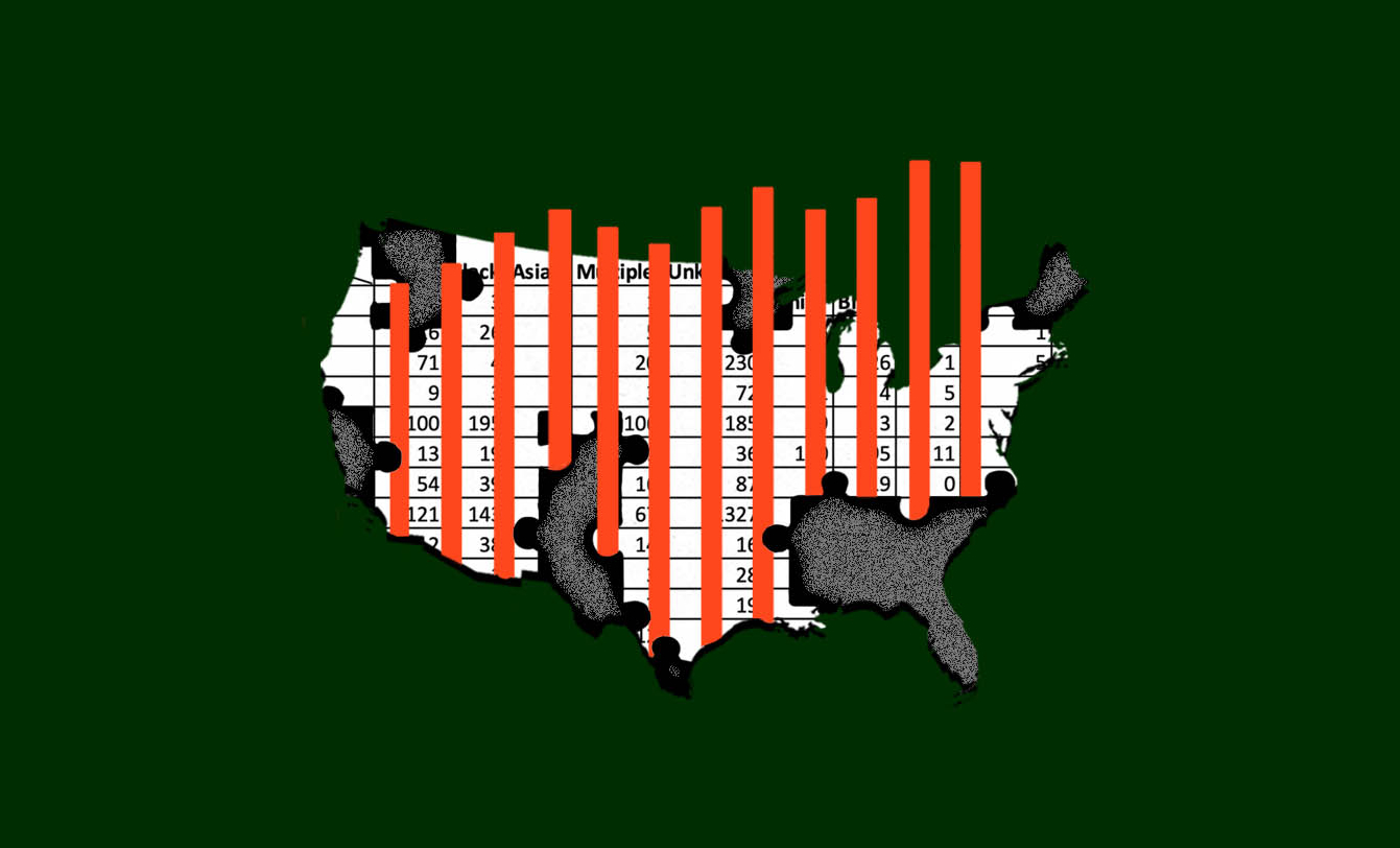 An illustrative collage of a U.S. map overlaid with hate crimes data and puzzle pieces.