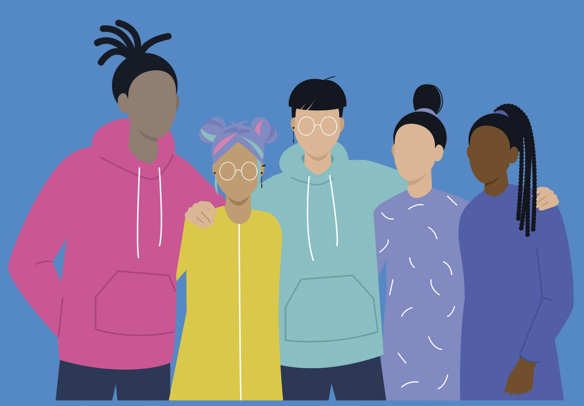 An illustration of a group of five young people with diverse gender presentation pops with bright pastels.