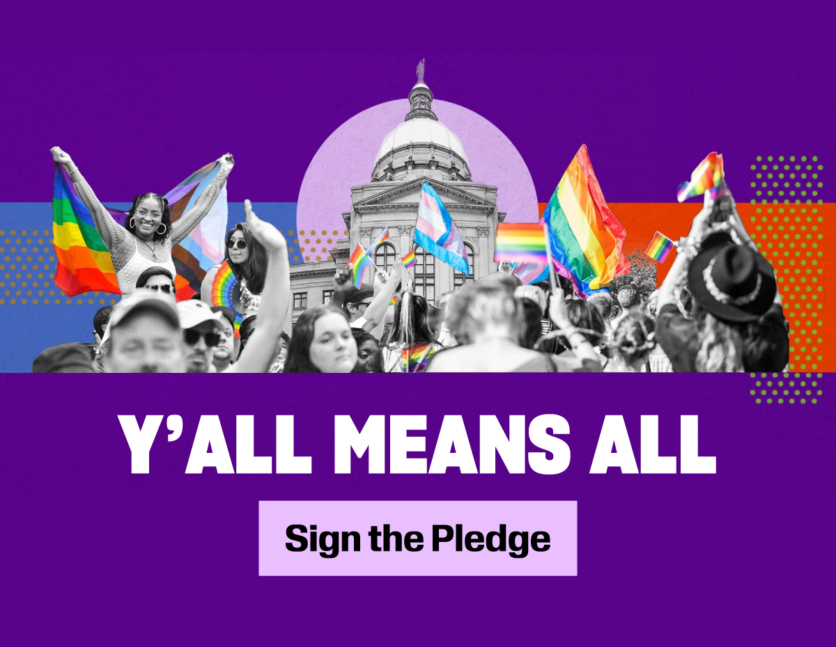 An image of individuals celebrating with pride flags in hand. Text that reads, 