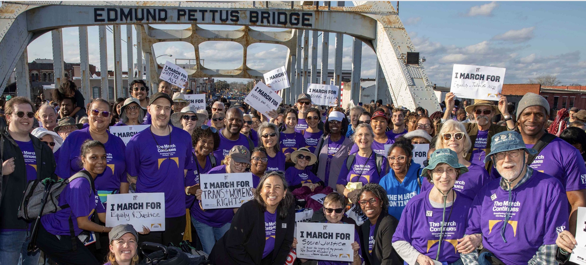 A group of SPLC staff and supporters are pictured attending the historic Edmund Pettus Bridge crossing on the anniversary of Bloody Sunday.