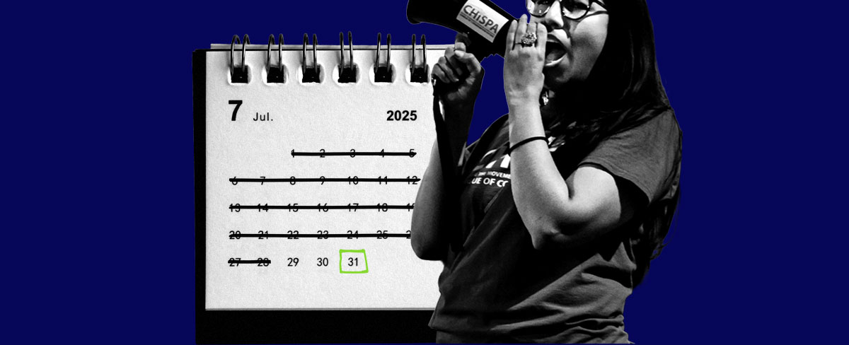 A photo collage of a woman speaking into a bullhorn at a protest and a calendar counting down the days to July 31.