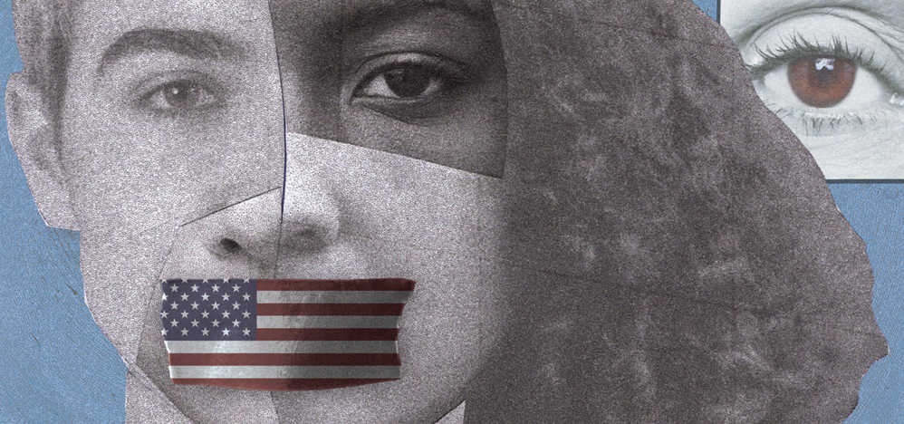 An image of fragmented portions of faces belonging to children of different skin and hair colors. The framents form a full face with an American flag covering the mouth. 