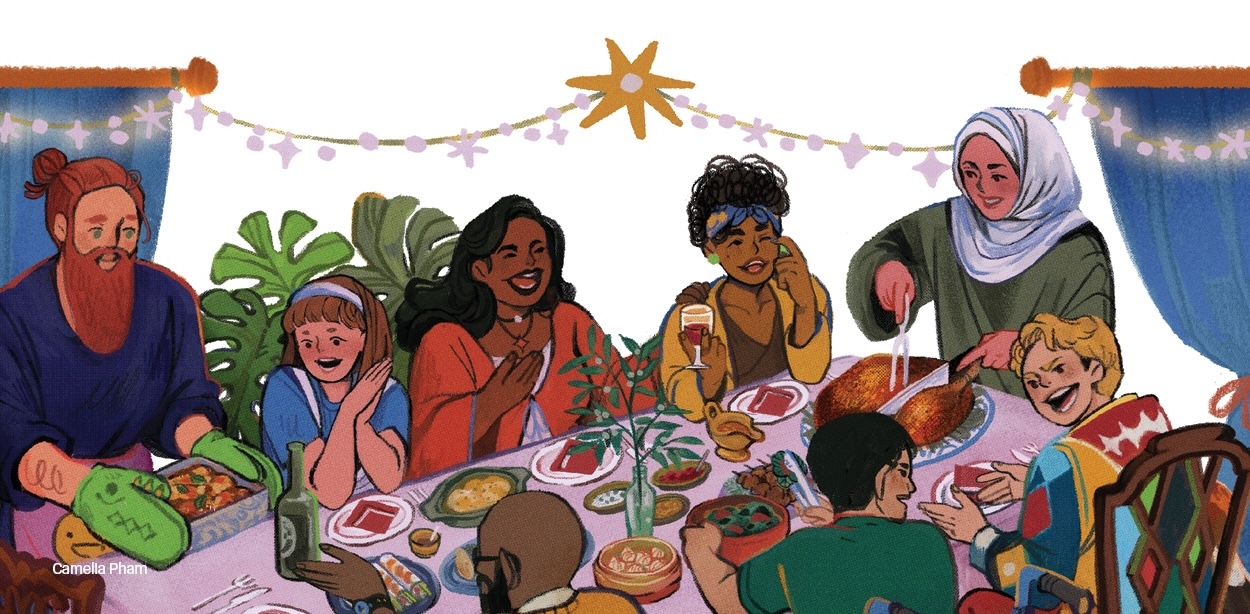 A colorful illustration depicts a diverse group of people happily chatting over a festive spread of food. 