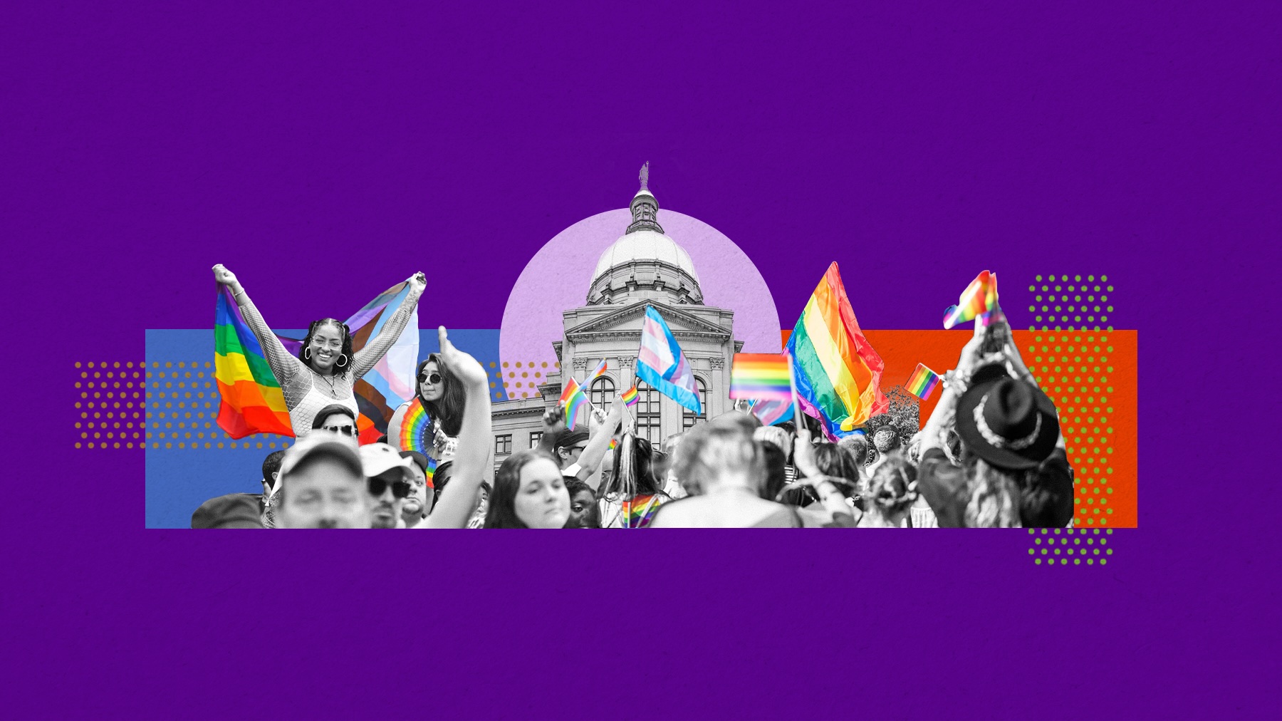 Graphic art depicting a diverse crowd of people raising LGBTQ and trans pride flags in front of the Georgia state capitol. 