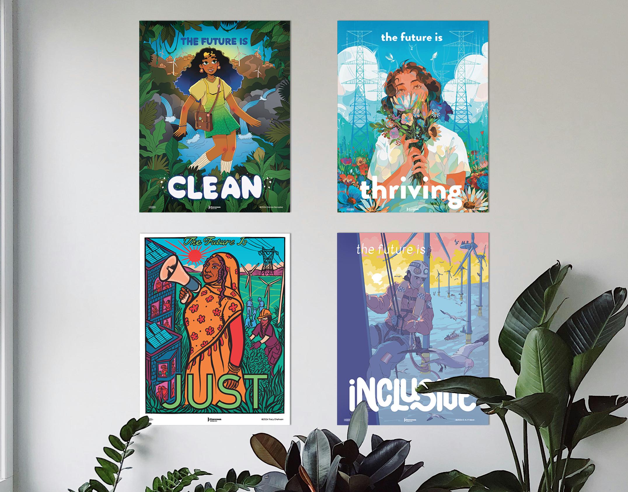 An image of four one-of-a-kind posters hanging against a white wall that illustrate Evergreen's vision of a 