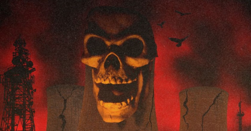 Giant skull looming over cracked cooling towers against a blood-red sky.