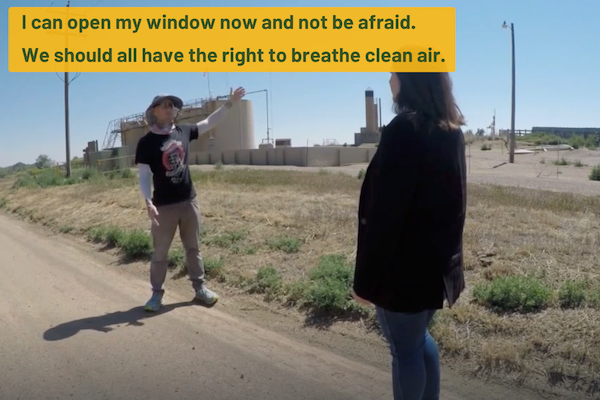 Von Bortz talks to a reporter in front of Prospect Energy storage tanks near his home in northern Colorado. Text says I can actually open my windows now and not be afraid. We should all have the right to breathe clean air. 