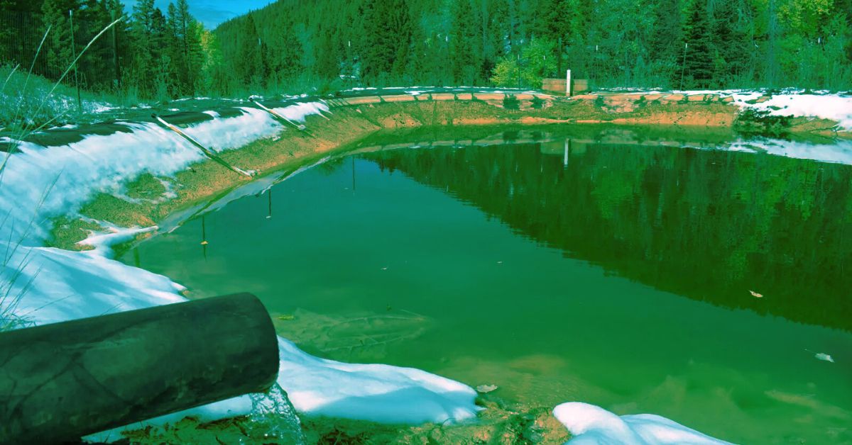 Green, polluted pond bordered by snow and trees, with a pipe in the foreground suggesting water contamination.