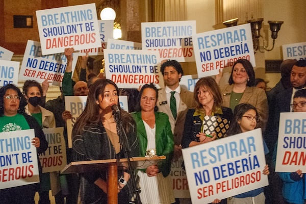 Members of Cultivando and other environmental justice organizations speak and protest with Colorado legislatures in the Colorado state Capitol building. 2025. 