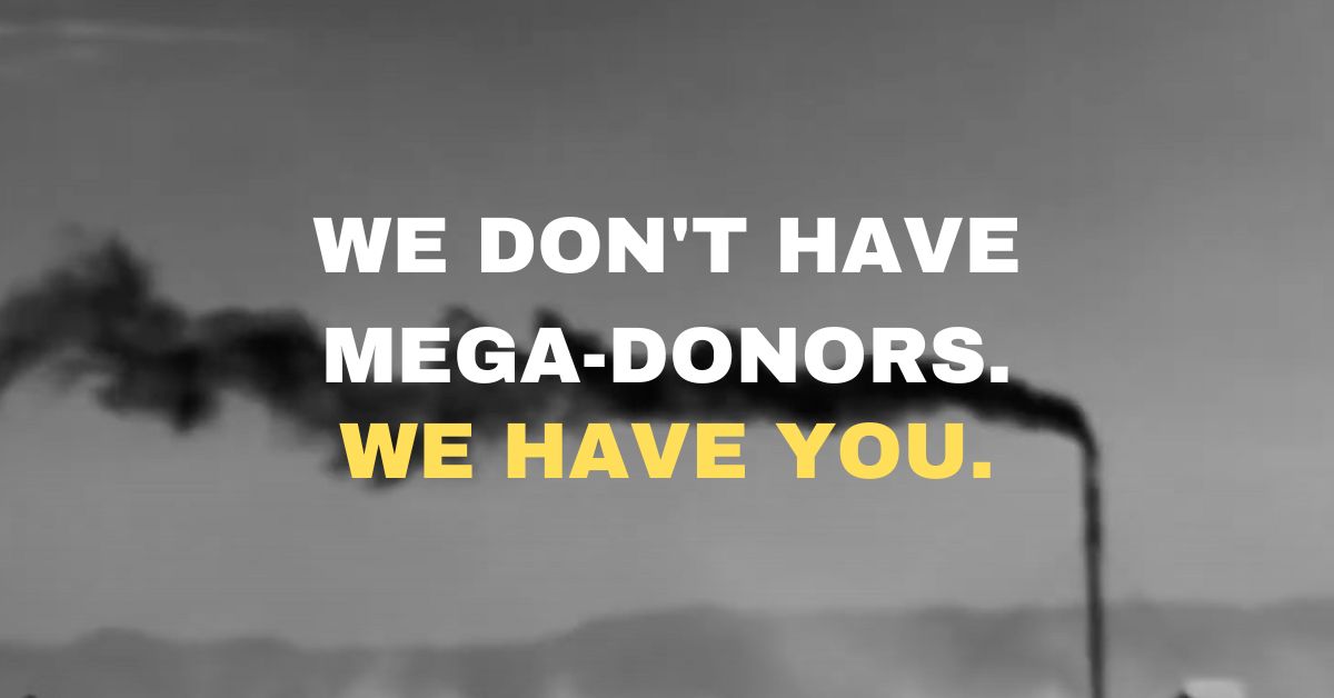 Smokestacks releasing pollution in a black-and-white image with text reading, 