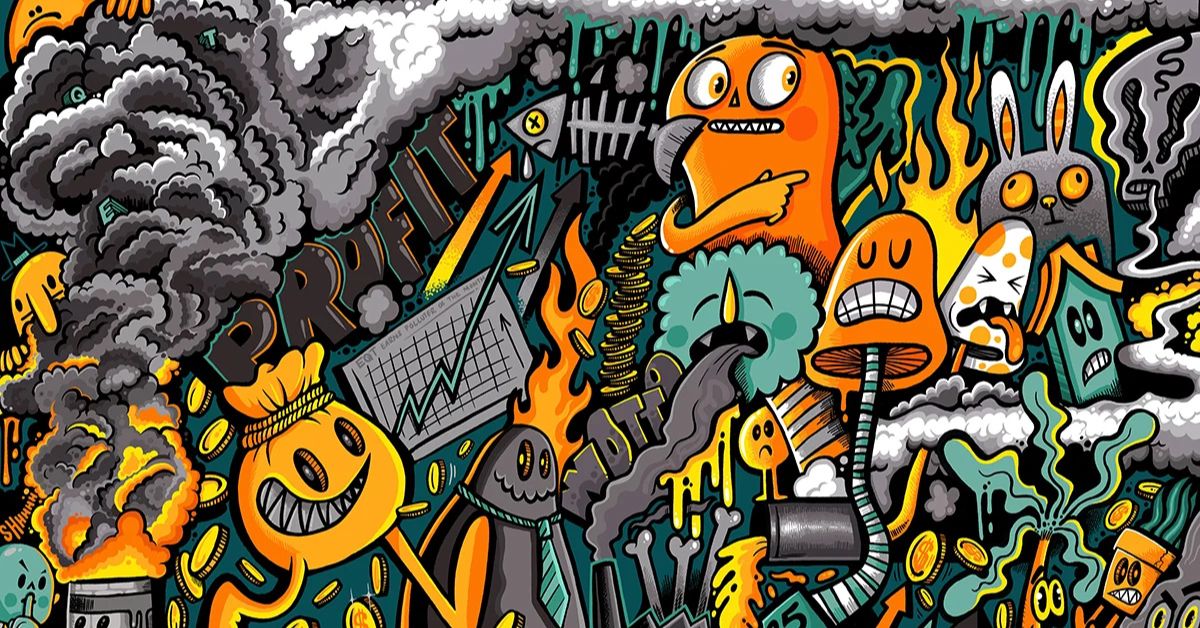 Illustrated scene of cartoon figures amid smoke, fire, money, and factories, representing pollution and corporate-driven environmental harm.