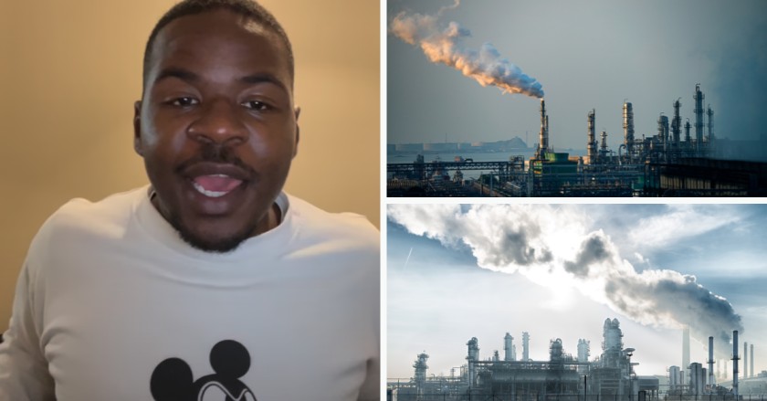A man speaking on the left; factories on the right, with smokestacks emitting smoke.
