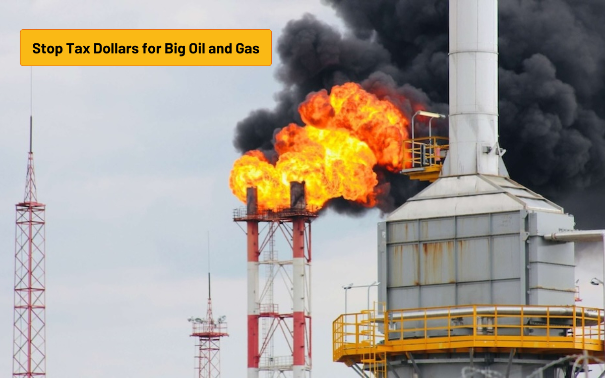 A fire and black smoke come from the top of a stack at a refinery. A button over the image says Stop Tax Dollars for Big Oil and Gas. 