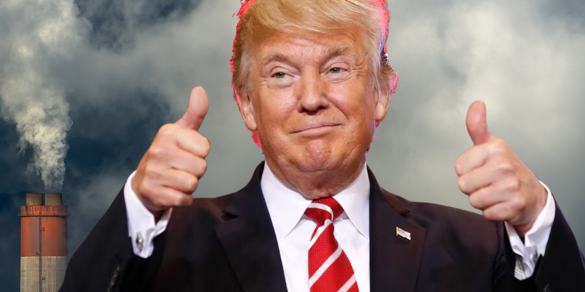 Donald Trump gives a thumbs up while pollution spews into the air behind him. 