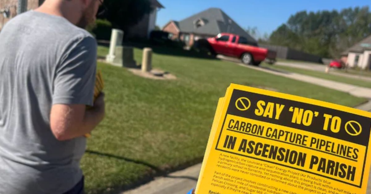 Resident holding a sign opposing carbon-capture pipelines in Ascension Parish.