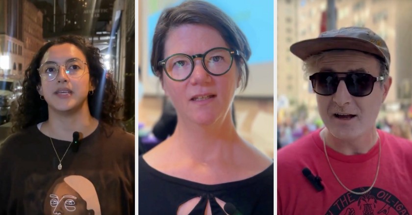 Three people speaking on camera, sharing perspectives in different settings.