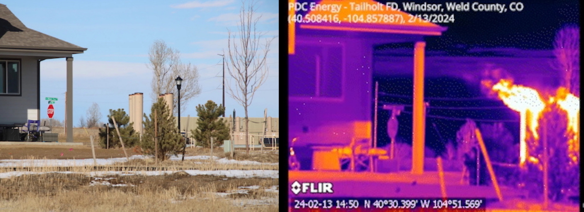 Day and night images of the same home near an oil and gas facility in northern Colorado. The night image was shot with an optical gas imaging camera and shows pollution emissions that are invisible to the naked eye.