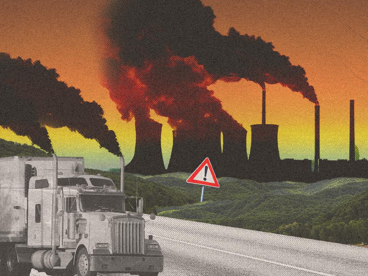 Truck on a road spewing air emissions with a power plant in the background. 