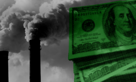 Image of smoke stacks and U.S. $100 bills