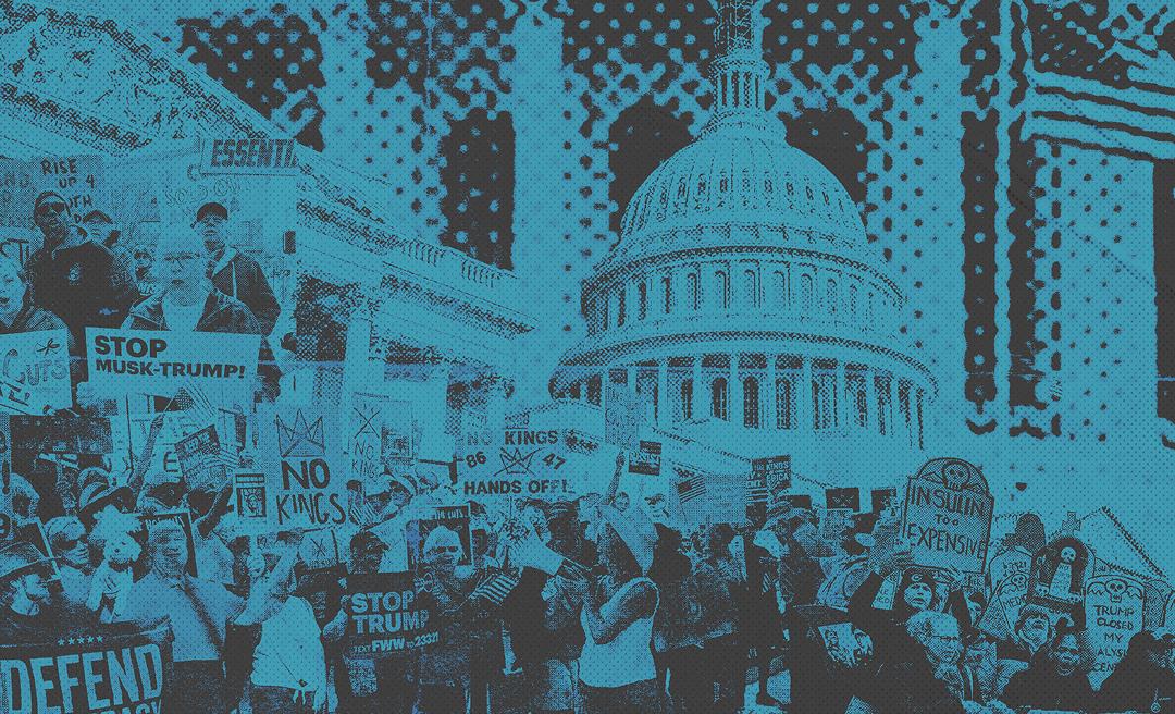 A collage of activists standing in front of the Capitol building holding signs that say No Kings
