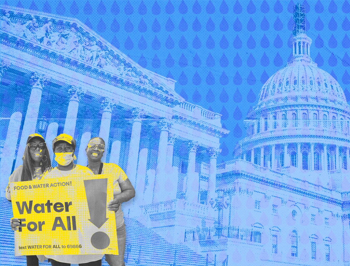 Three activists standing outside the Capitol building holding a Food and Water Action sign that says Water For All
