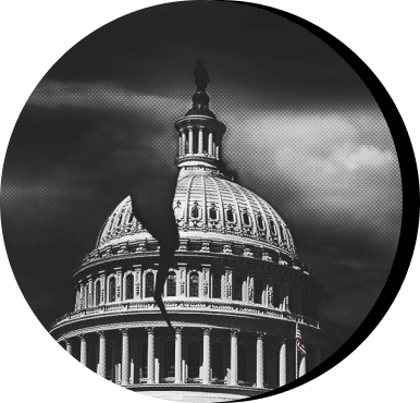 Greyscale photo of the U.S. Capitol building with a lightening-shaped crack through its dome