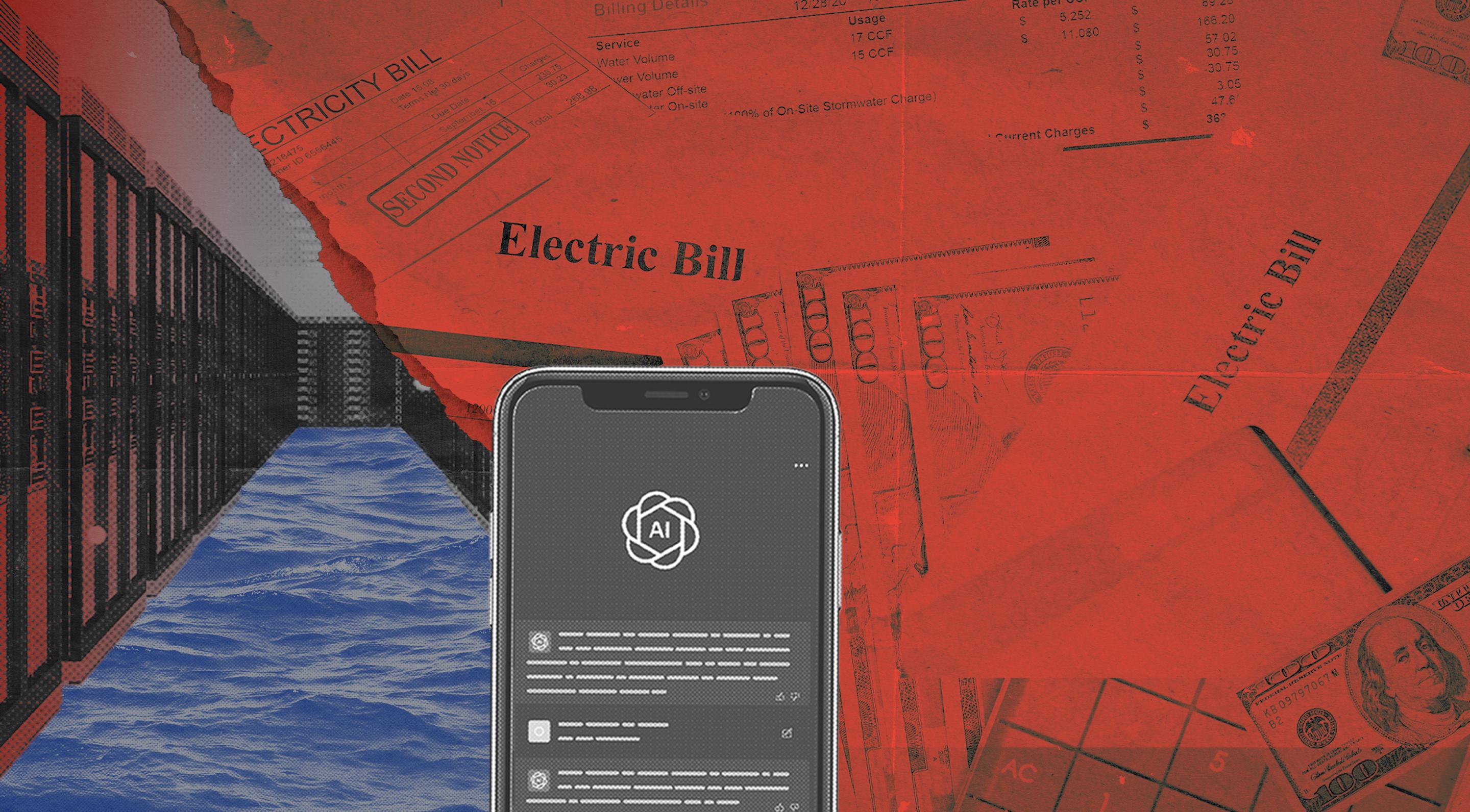Phone using AI with electirc bills and data center in the background