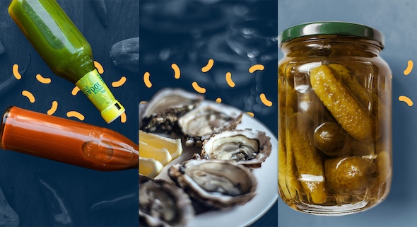 A triptych photo of hot sauce, oysters and a jar of pickles against a blue background.