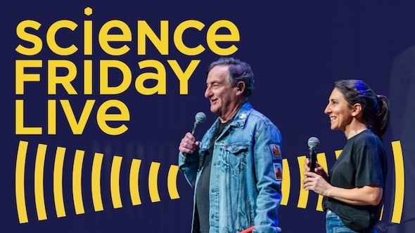 The hosts of Science Friday smile on stage and hold microphones.