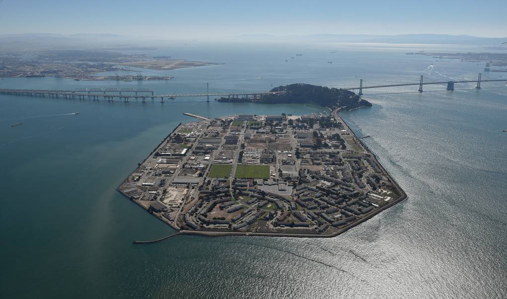 Treasure Island and the Bay Bridge are seen from above on a sunny day in San Francisco, on Oct. 9, 2015.